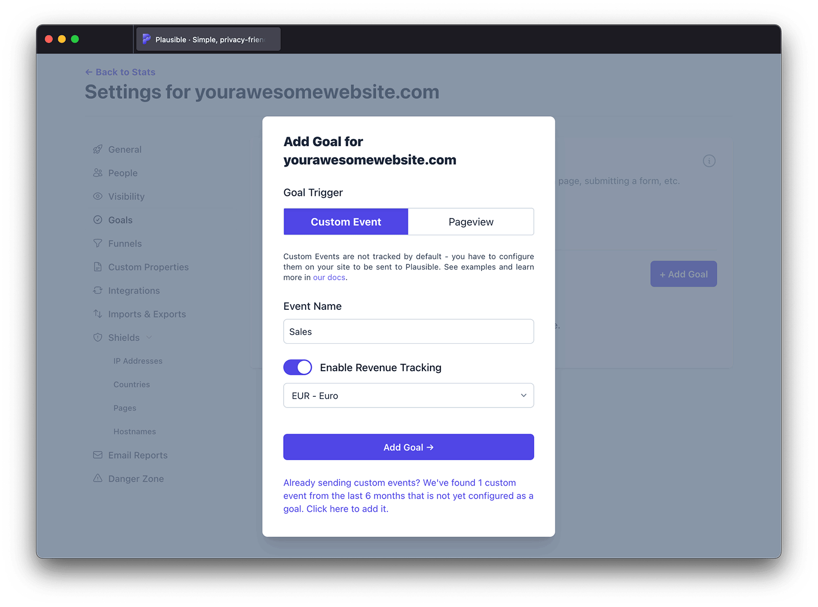 Add goal and choose your currency